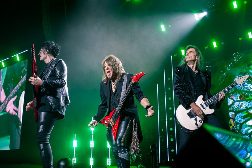 Helloween live in Prague 2025. Three guitarists with Kai Hansen animating the audience. Captured by official photographer Jovan Ristić
